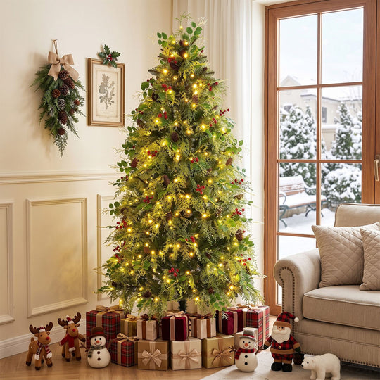 6 FT Pre-Lit Artificial Christmas Tree with Warm White and Multicolor LED Lights for Indoor
