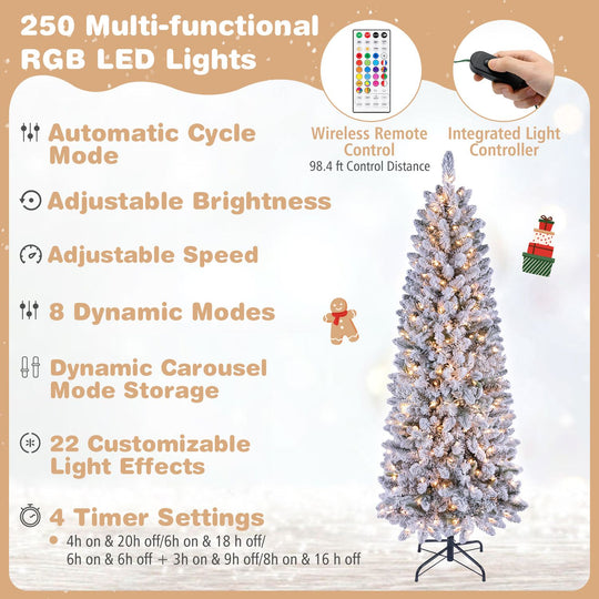 7.5 FT Pre-lit Snow-Flocked Christmas Tree with RGB Lights