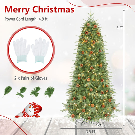 6 Feet Artificial Christmas Tree with LED Lights and Pine Cones