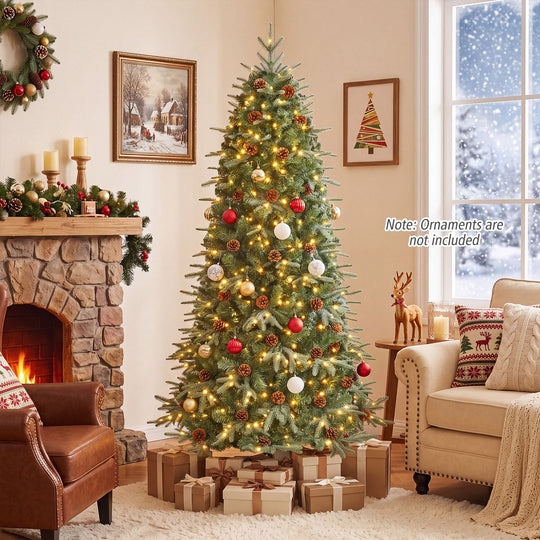6 Feet Artificial Christmas Tree with LED Lights and Pine Cones