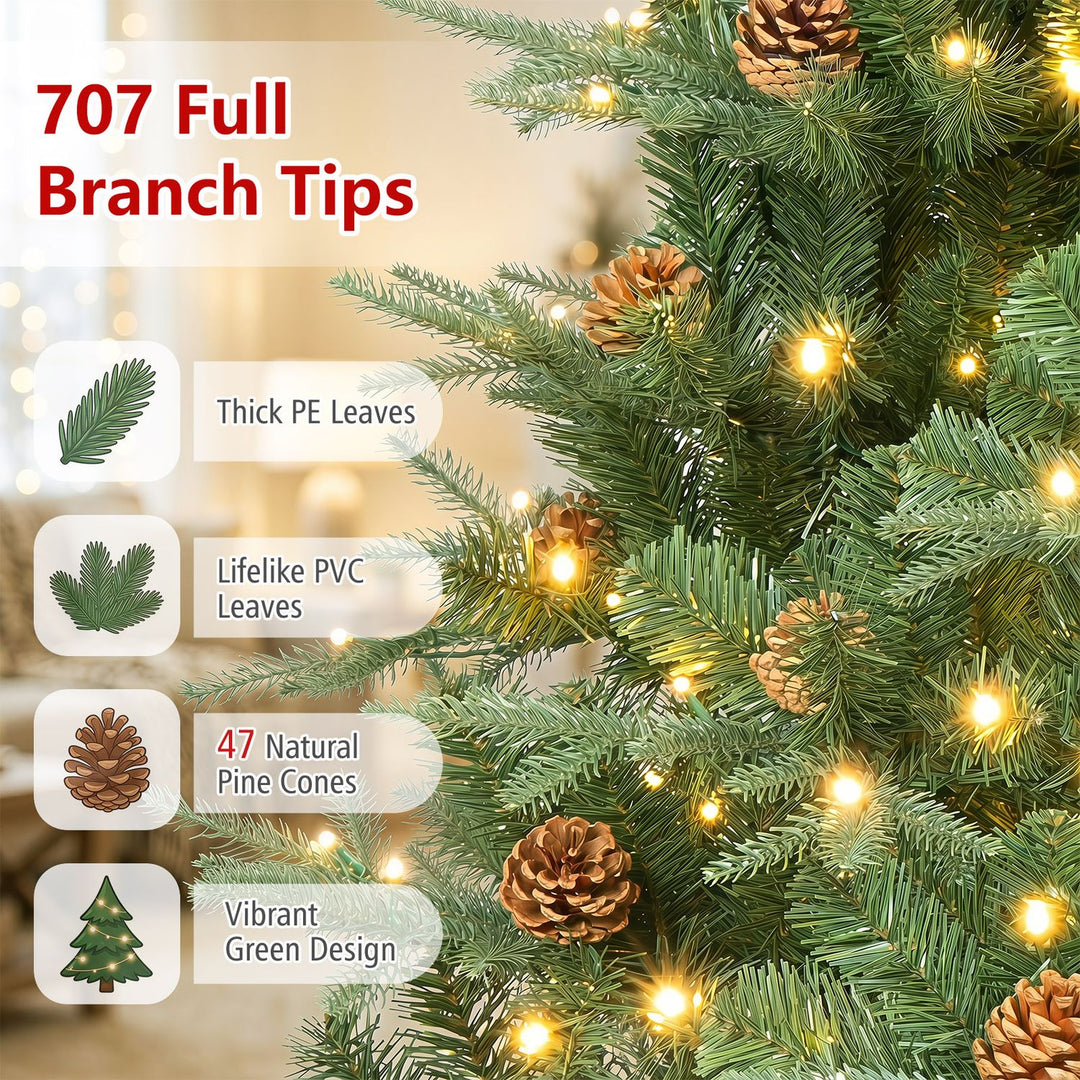 6 Feet Artificial Christmas Tree with LED Lights and Pine Cones
