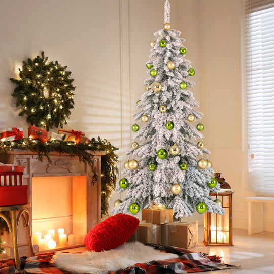 6 Feet Artificial Xmas Tree with 589 Flocked Branch Tips and 48 Xmas Balls
