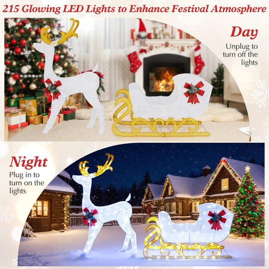 6 Feet Christmas Lighted Reindeer and Santa's Sleigh Decoration with 4 Stakes