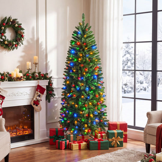 6 Feet Pre-Lit Artificial Christmas Tree with 300/250/170/380 Warm White and Multi-color LED