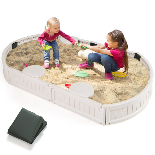 6 Feet Kids Oval Sandbox with Built-in Corner Seat and Bottom Liner-White