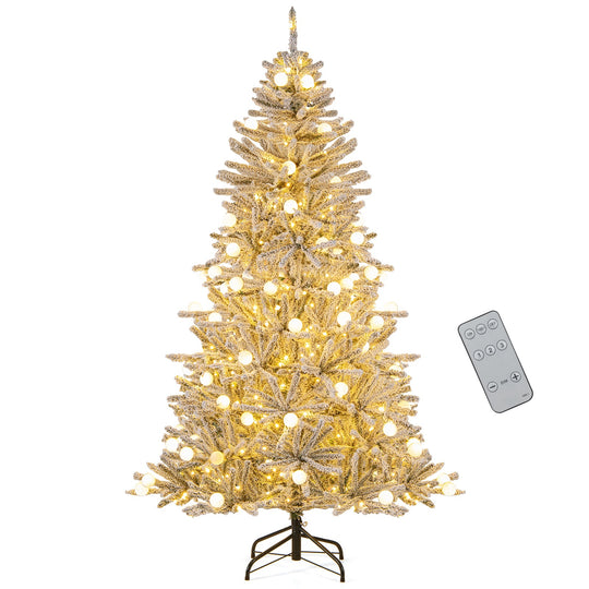 6 Feet Snow-flocked Artificial Christmas Tree Pre-lit Hinged with 81 Sphere Lights and Remote