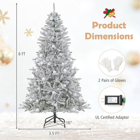 6 Feet Snow-flocked Artificial Christmas Tree Pre-lit Hinged with 81 Sphere Lights and Remote