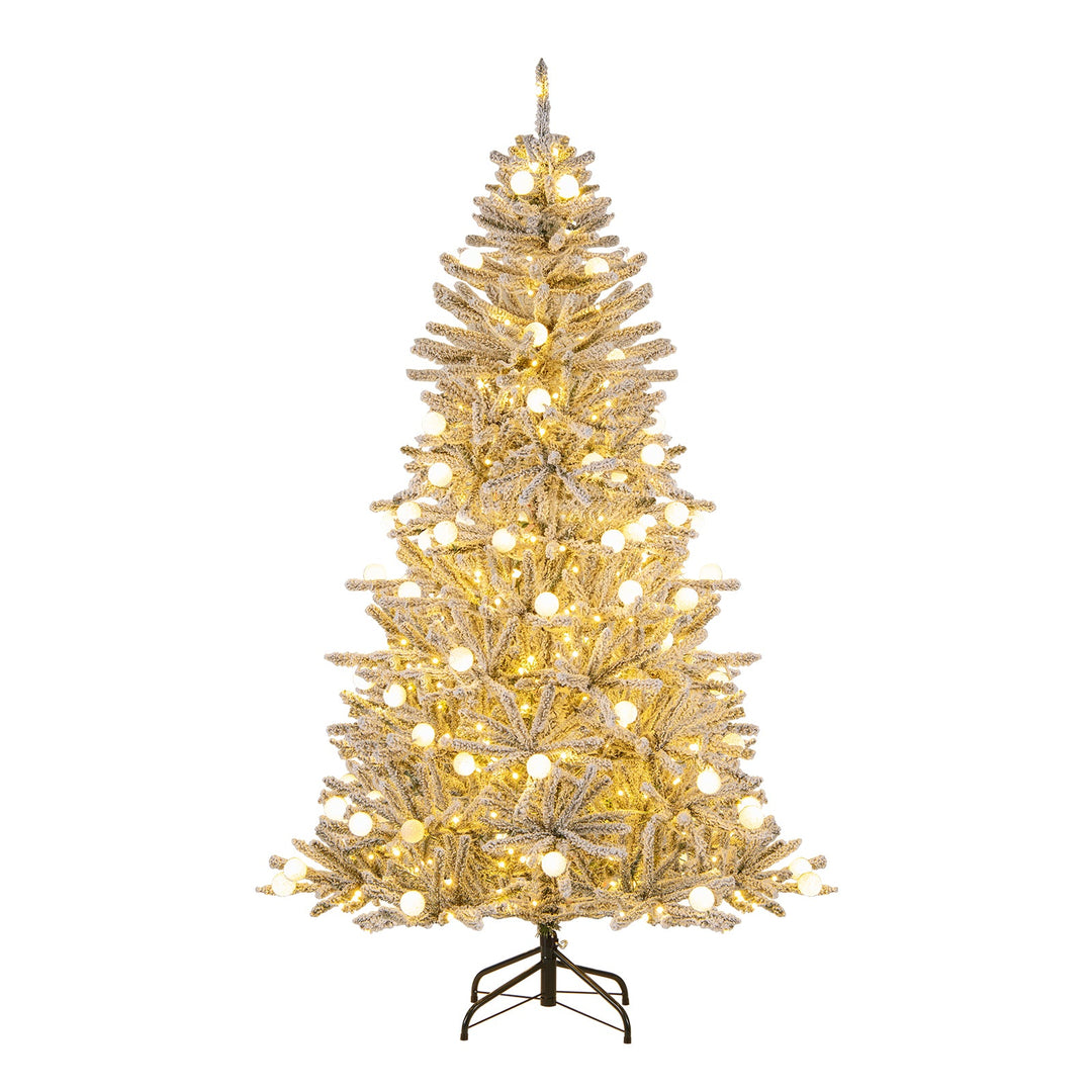 6 Feet Snow-flocked Artificial Christmas Tree Pre-lit Hinged with 81 Sphere Lights and Remote