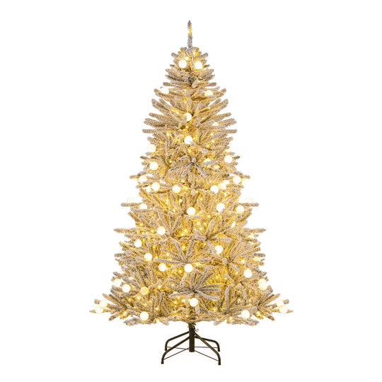 6 Feet Snow-flocked Artificial Christmas Tree Pre-lit Hinged with 81 Sphere Lights and Remote