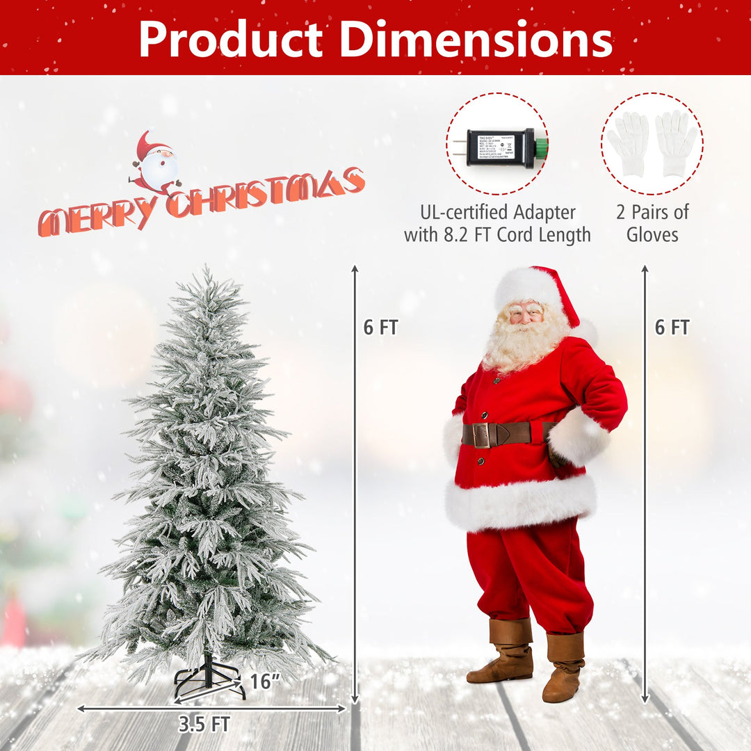 7 Feet Snow-flocked Artificial Christmas Tree Pre-lit Hinged Xmas Tree with Warm White LED Lights