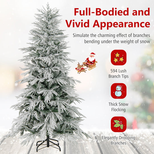 7 Feet Snow-flocked Artificial Christmas Tree Pre-lit Hinged Xmas Tree with Warm White LED Lights