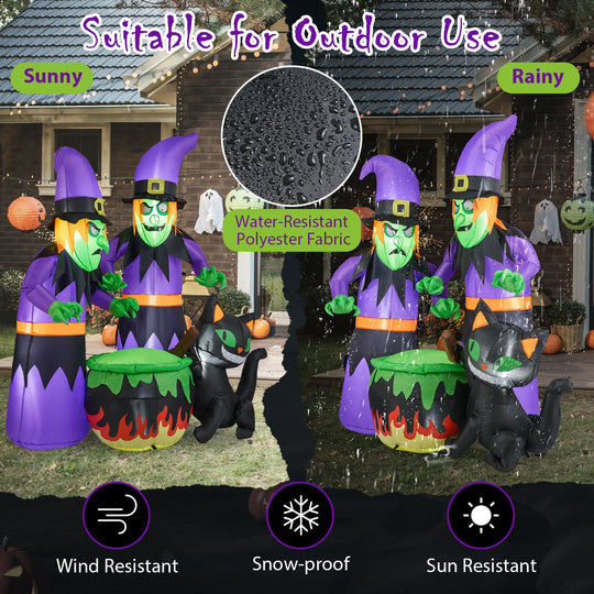 6 Ft Inflatable Halloween Witches with Cauldron & Black Cat