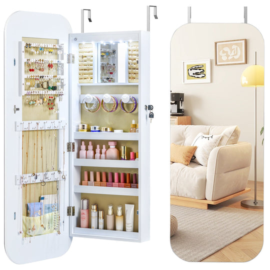 6 LEDs Mirror Jewelry Cabinet Wall or Door Mounted Lockable Jewelry Organizer-White