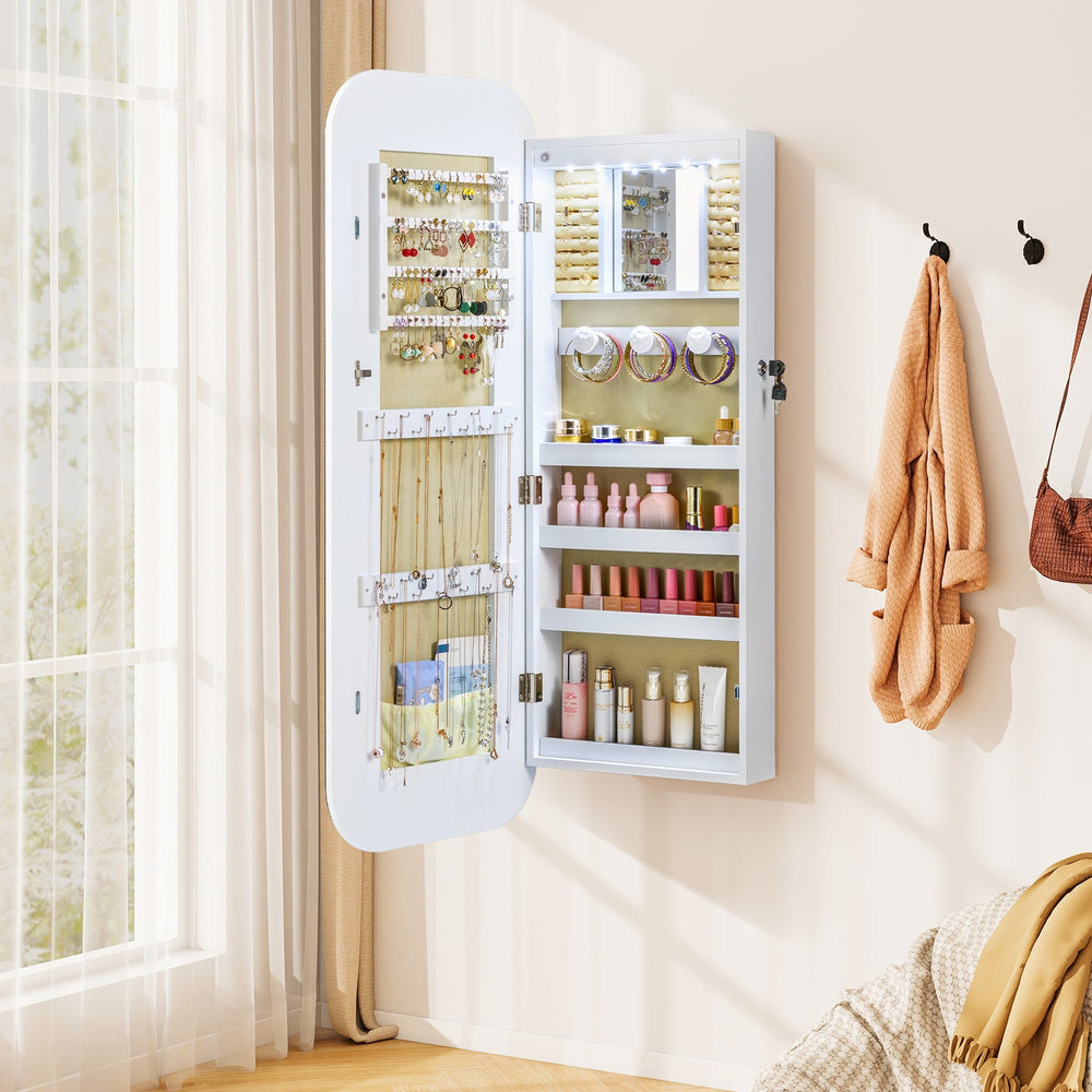 6 LEDs Mirror Jewelry Cabinet Wall or Door Mounted Lockable Jewelry Organizer-White