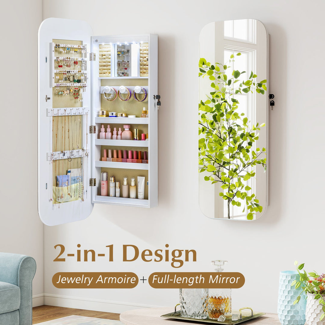 6 LEDs Mirror Jewelry Cabinet Wall or Door Mounted Lockable Jewelry Organizer-White