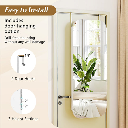 6 LEDs Mirror Jewelry Cabinet Wall or Door Mounted Lockable Jewelry Organizer-White