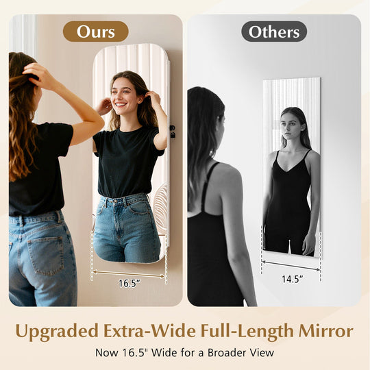 6 LEDs Mirror Jewelry Cabinet Wall or Door Mounted Lockable Jewelry Organizer-White