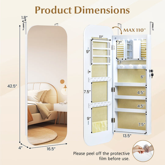 6 LEDs Mirror Jewelry Cabinet Wall or Door Mounted Lockable Jewelry Organizer-White