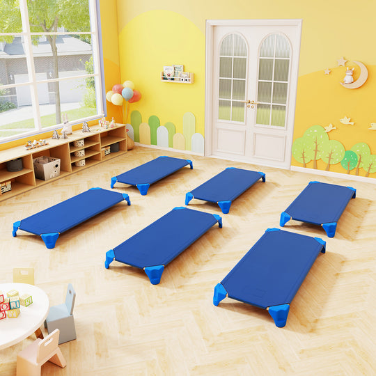 Portable 6 Pack Stackable Daycare Cots Sleeping Bed for Kids 52 Inch-Blue