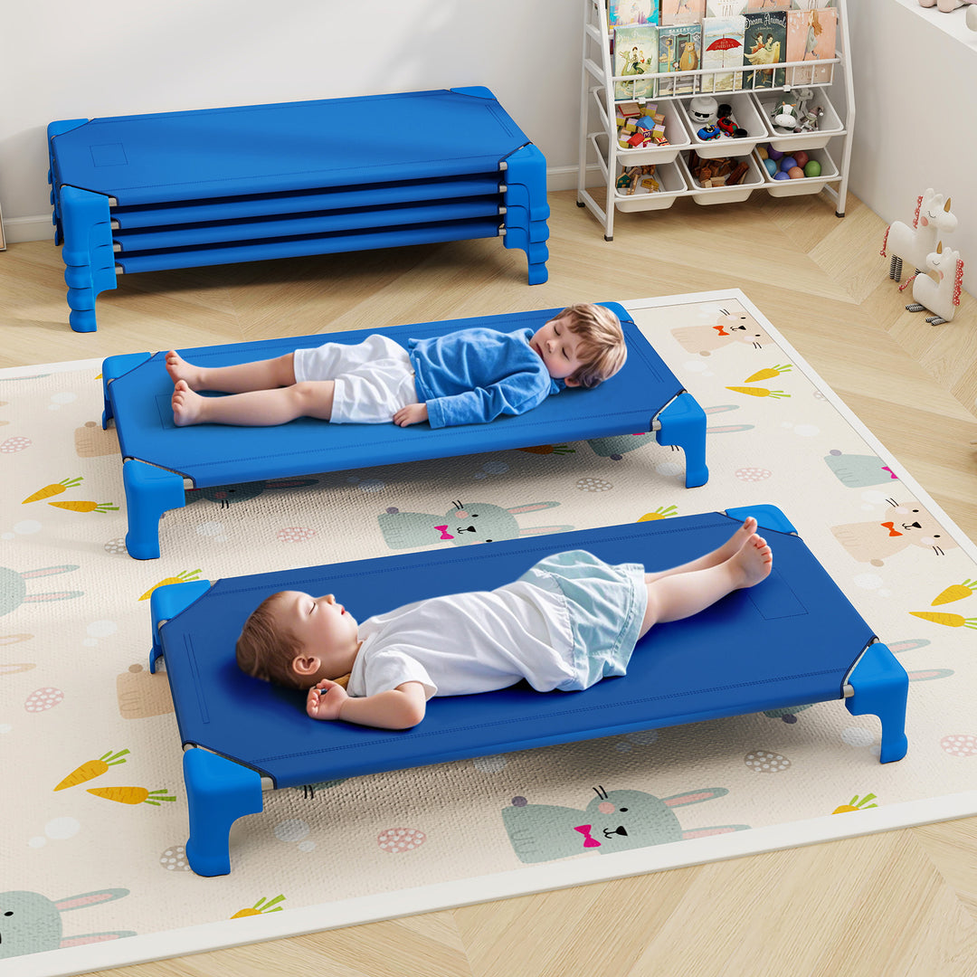 Portable 6 Pack Stackable Daycare Cots Sleeping Bed for Kids 53 Inch-Blue
