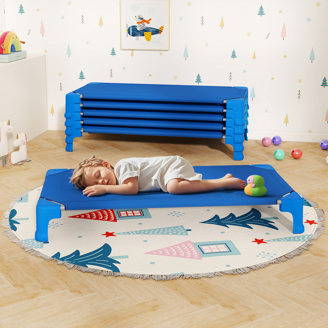 Portable 6 Pack Stackable Daycare Cots Sleeping Bed for Kids 53 Inch-Blue