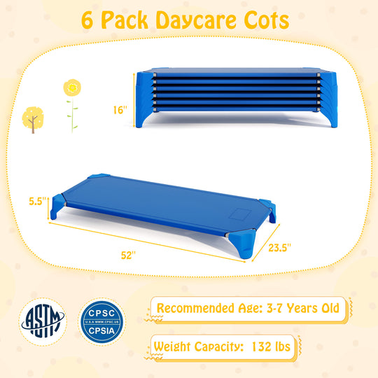 Portable 6 Pack Stackable Daycare Cots Sleeping Bed for Kids 52 Inch-Blue