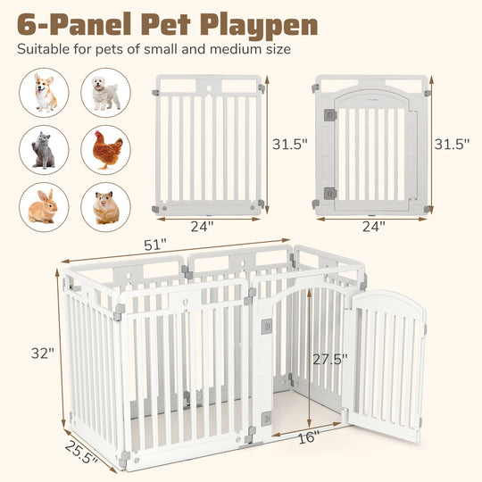 6-Panel Tall Dog Playpen Foldable Pet Fence with Locking Door-White