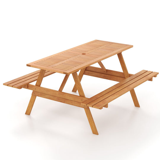 6 Person Picnic Table Set Patio Rectangle with 2 Built-in Benches and Umbrella Hole
