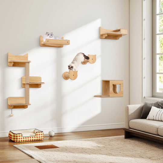 6 Pieces Cat Wall Furniture Set Kitten Wall Mounted Shelves-Natural