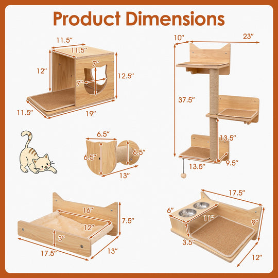 6 Pieces Cat Wall Furniture Set Kitten Wall Mounted Shelves-Natural