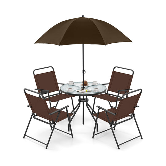 6 Pieces Patio Dining Set Folding Chairs Glass Table Tilt Umbrella for Garden