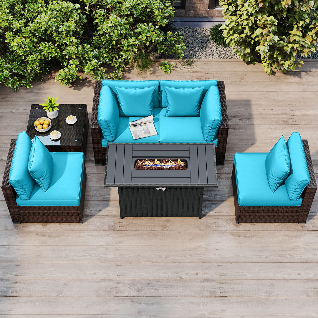 6 Pieces Patio Furniture Set with 50 000 BTU Gas Fire Pit Coffee Table and Cushions for Garden