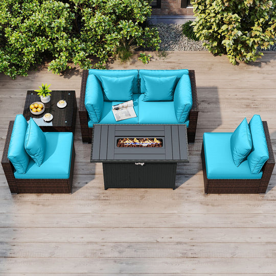 6 Pieces Patio Furniture Set with 50 000 BTU Gas Fire Pit Coffee Table and Cushions for Garden