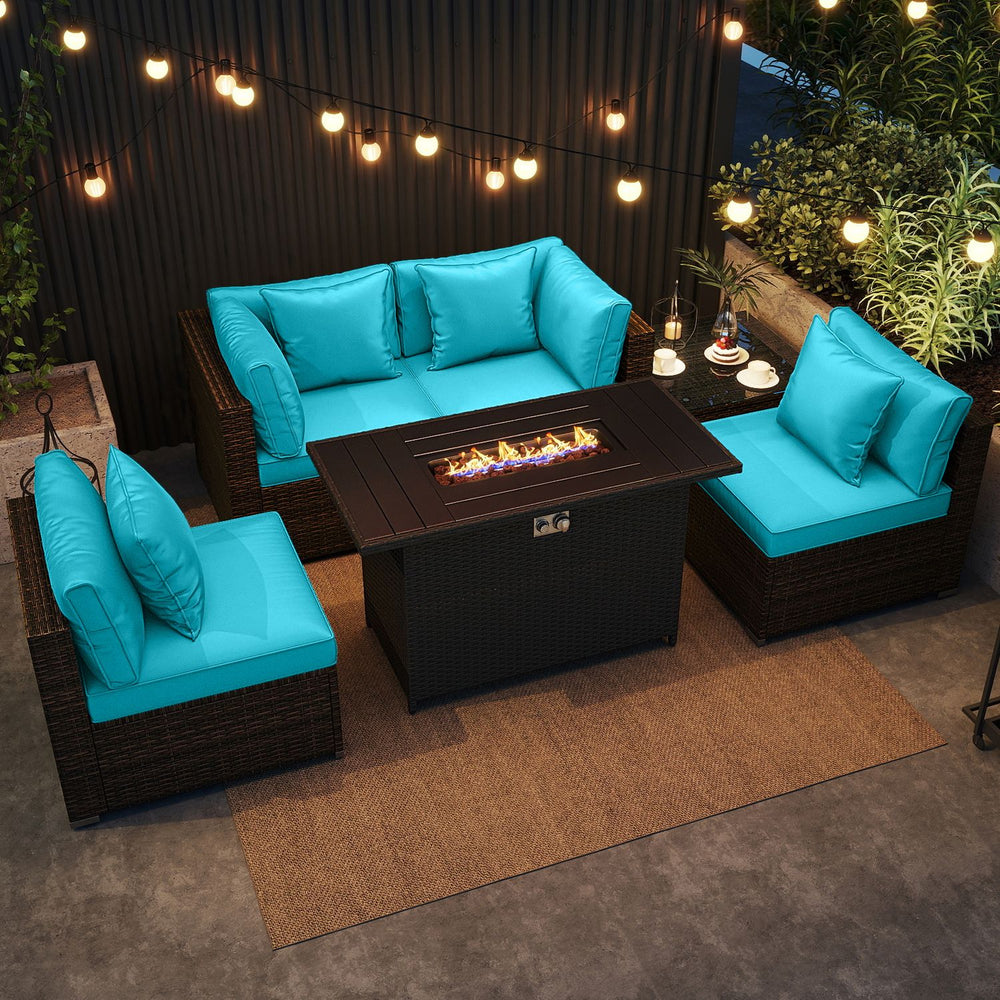6 Pieces Patio Furniture Set with 50 000 BTU Gas Fire Pit Coffee Table and Cushions for Garden