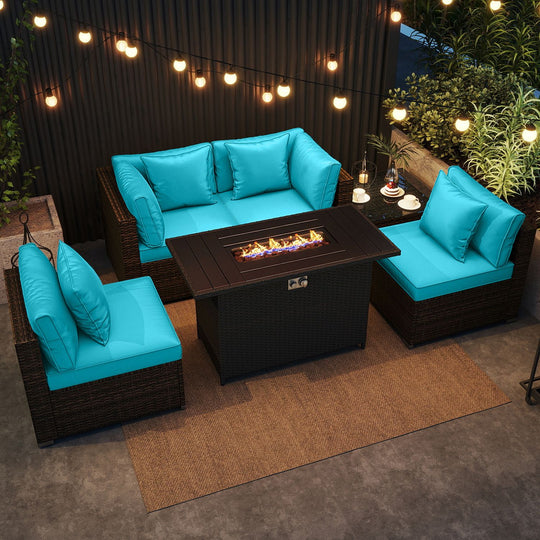 6 Pieces Patio Furniture Set with 50 000 BTU Gas Fire Pit Coffee Table and Cushions for Garden