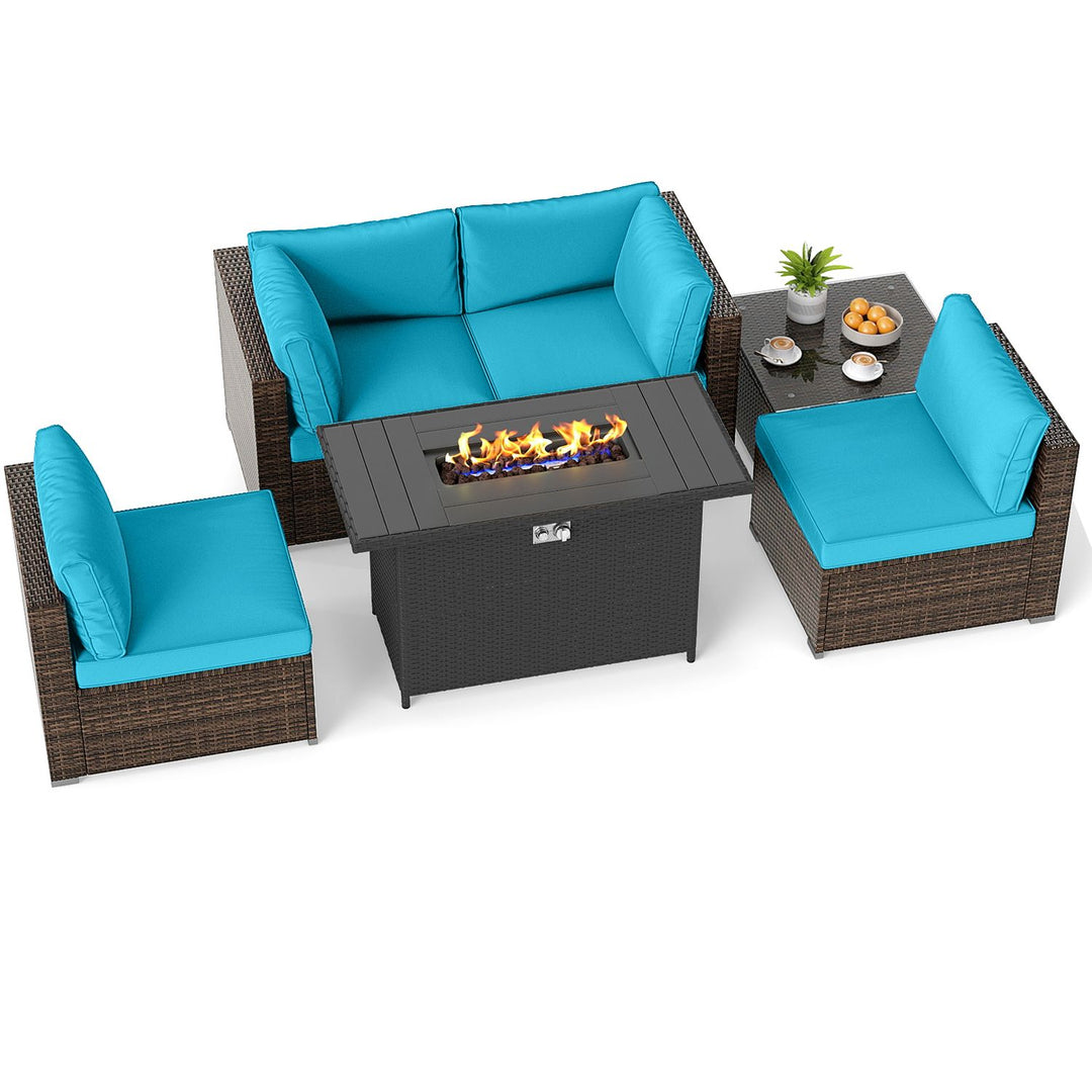 6 Pieces Patio Furniture Set with 50 000 BTU Gas Fire Pit Coffee Table and Cushions for Garden