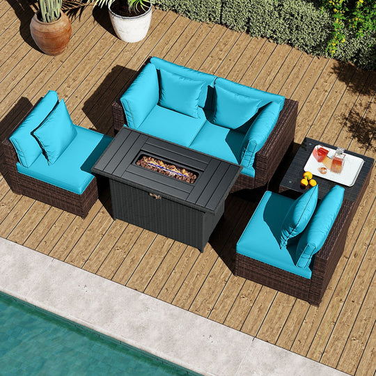 6 Pieces Patio Furniture Set with 50 000 BTU Gas Fire Pit Coffee Table and Cushions for Garden