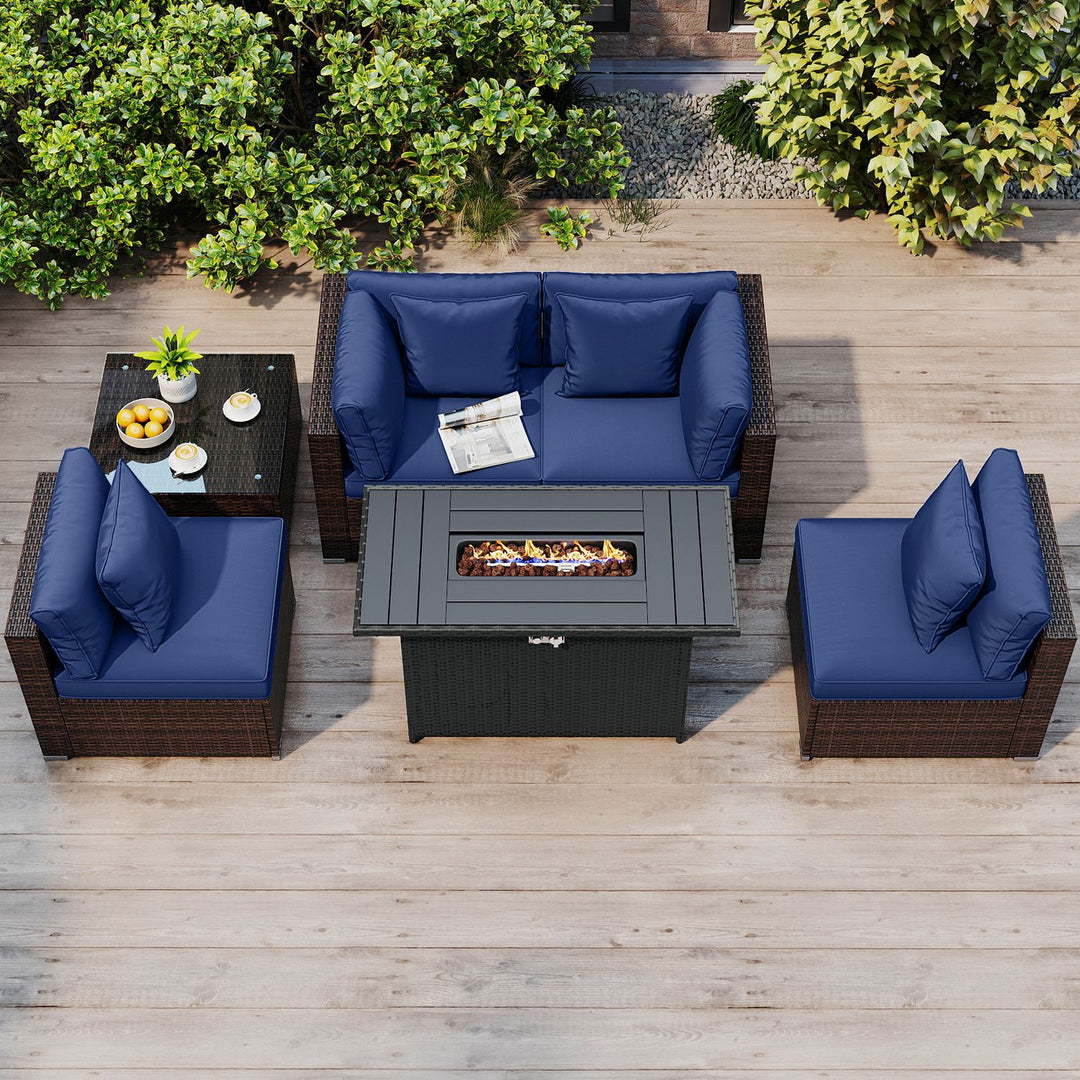 6 Pieces Patio Furniture Set with 50 000 BTU Gas Fire Pit Coffee Table and Cushions for Garden