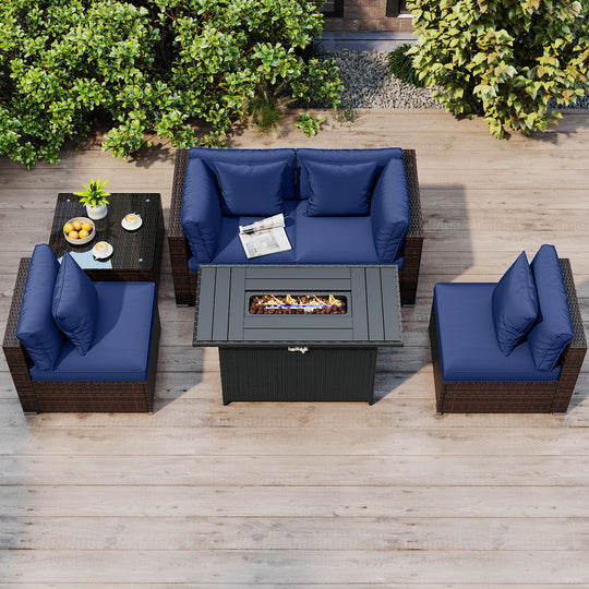6 Pieces Patio Furniture Set with 50 000 BTU Gas Fire Pit Coffee Table and Cushions for Garden