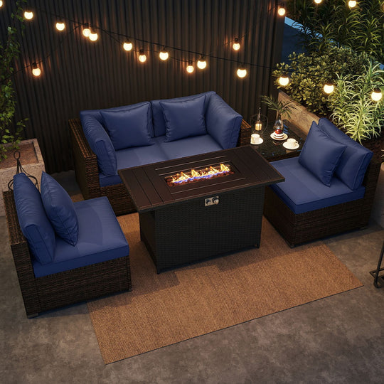 6 Pieces Patio Furniture Set with 50 000 BTU Gas Fire Pit Coffee Table and Cushions for Garden