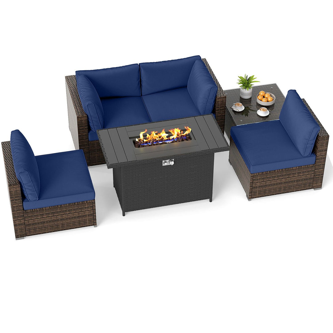 6 Pieces Patio Furniture Set with 50 000 BTU Gas Fire Pit Coffee Table and Cushions for Garden