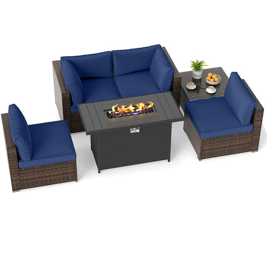 6 Pieces Patio Furniture Set with 50 000 BTU Gas Fire Pit Coffee Table and Cushions for Garden