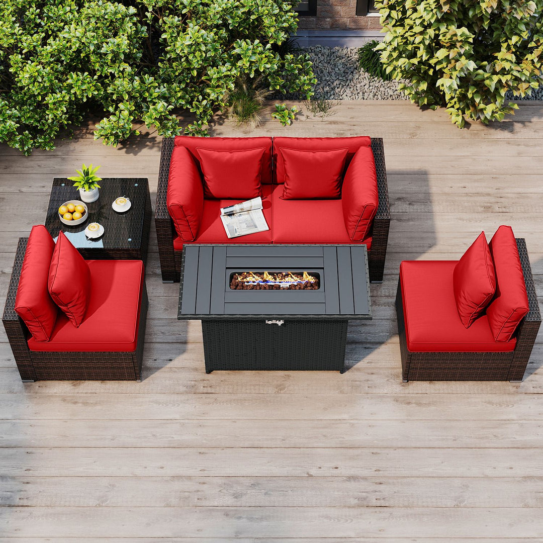 6 Pieces Patio Furniture Set with 50 000 BTU Gas Fire Pit Coffee Table and Cushions for Garden