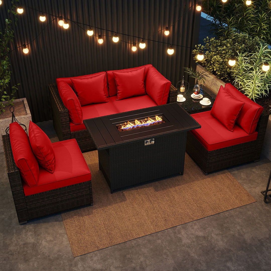 6 Pieces Patio Furniture Set with 50 000 BTU Gas Fire Pit Coffee Table and Cushions for Garden