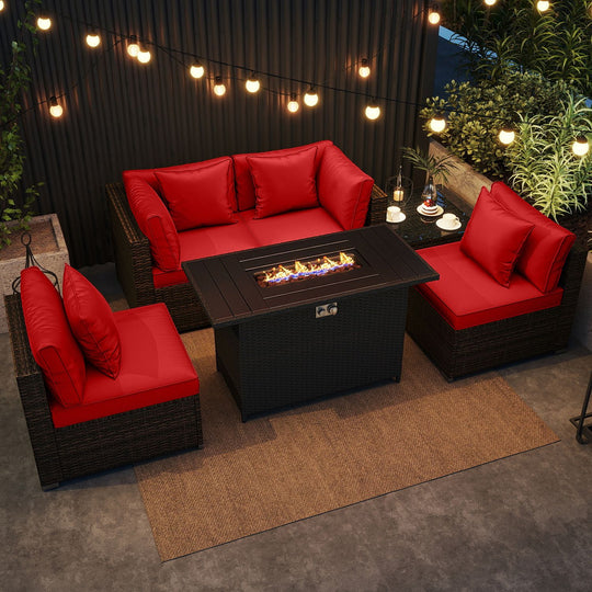 6 Pieces Patio Furniture Set with 50 000 BTU Gas Fire Pit Coffee Table and Cushions for Garden