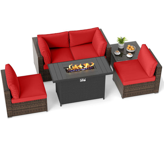 6 Pieces Patio Furniture Set with 50 000 BTU Gas Fire Pit Coffee Table and Cushions for Garden