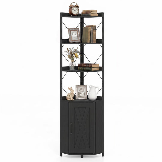 6-Tier Corner Bookshelf with Cabinet 71" Tall Metal Frame