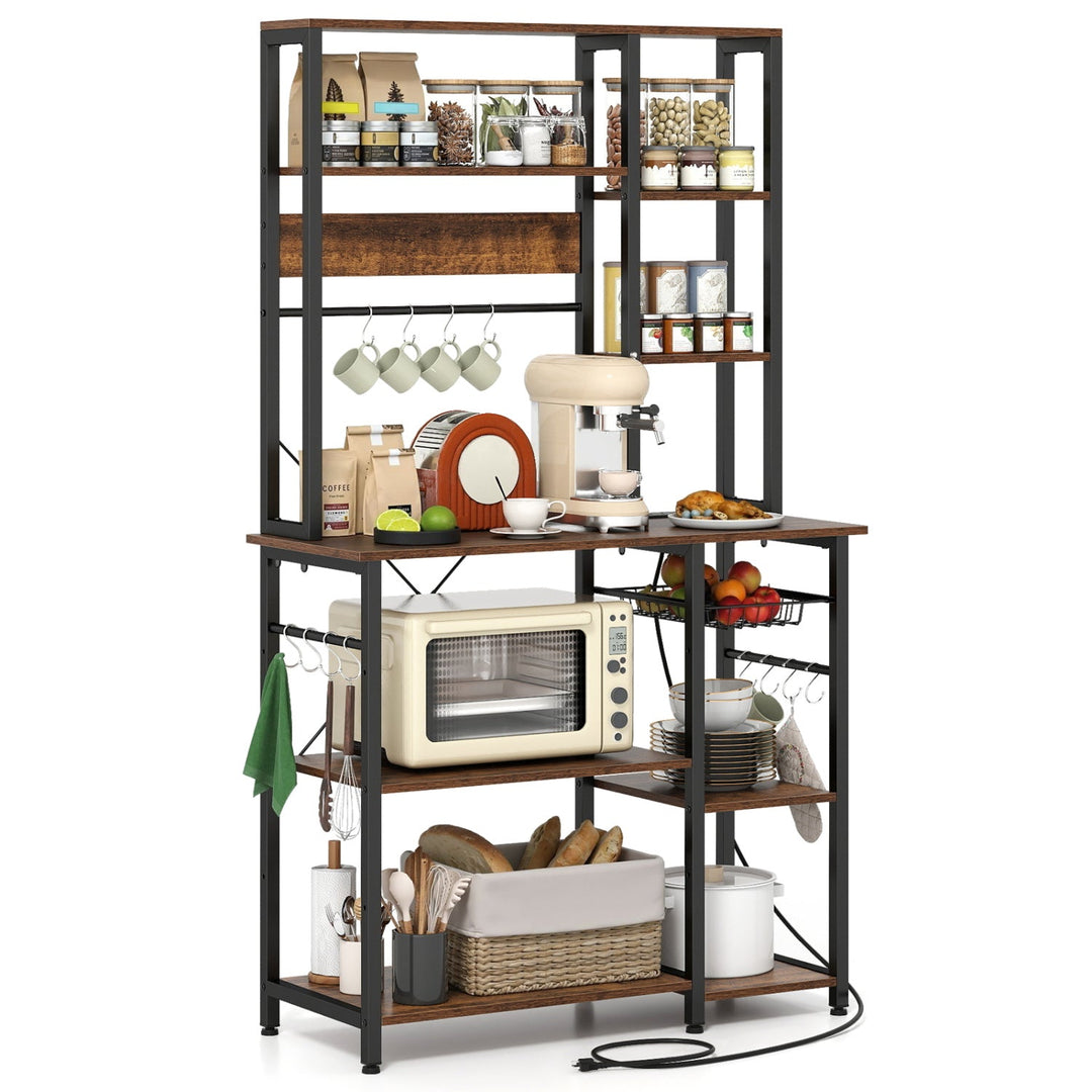 6-Tier Bakers Rack with Power Outlet Stand Wooden Open Shelves