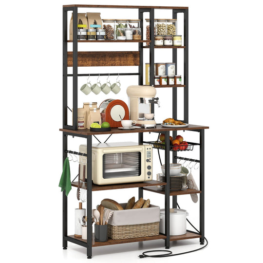 6-Tier Bakers Rack with Power Outlet Stand Wooden Open Shelves