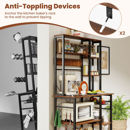 6-Tier Bakers Rack with Power Outlet Stand Wooden Open Shelves